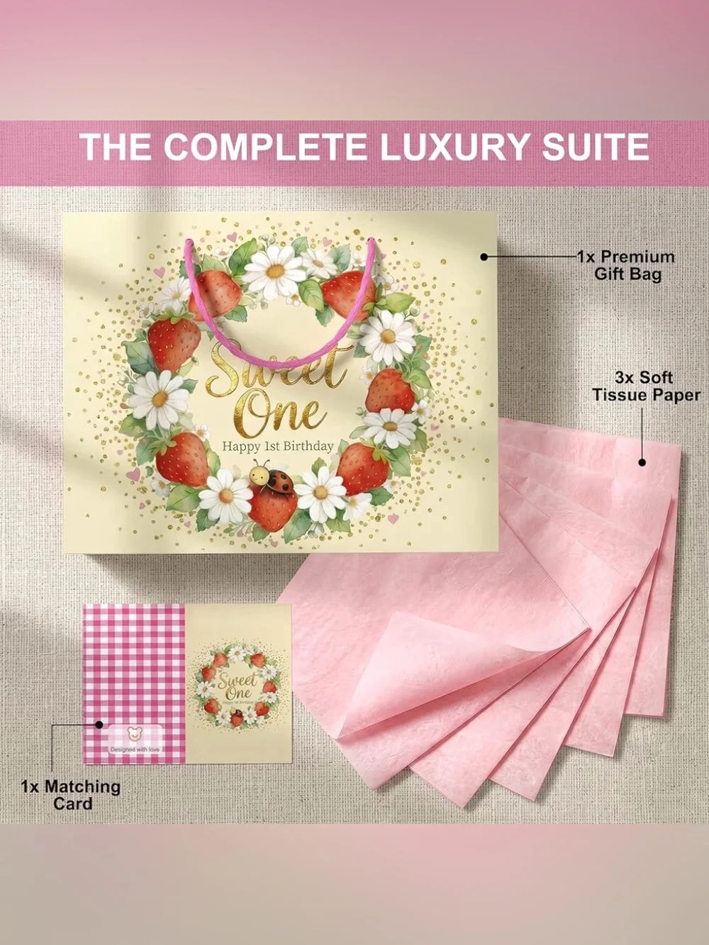 Large Strawberry 1st Birthday Gift Bag Set
